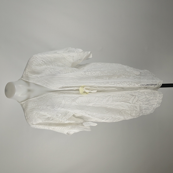 Women's Cream Swimsuit Cover-up One Size Lace Sheer Button Tie Short Sleeve - Picture 2 of 8